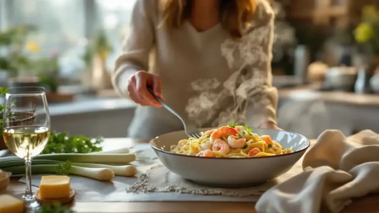 Linguine ai porri con salsa cremosa e gamberetti saporiti