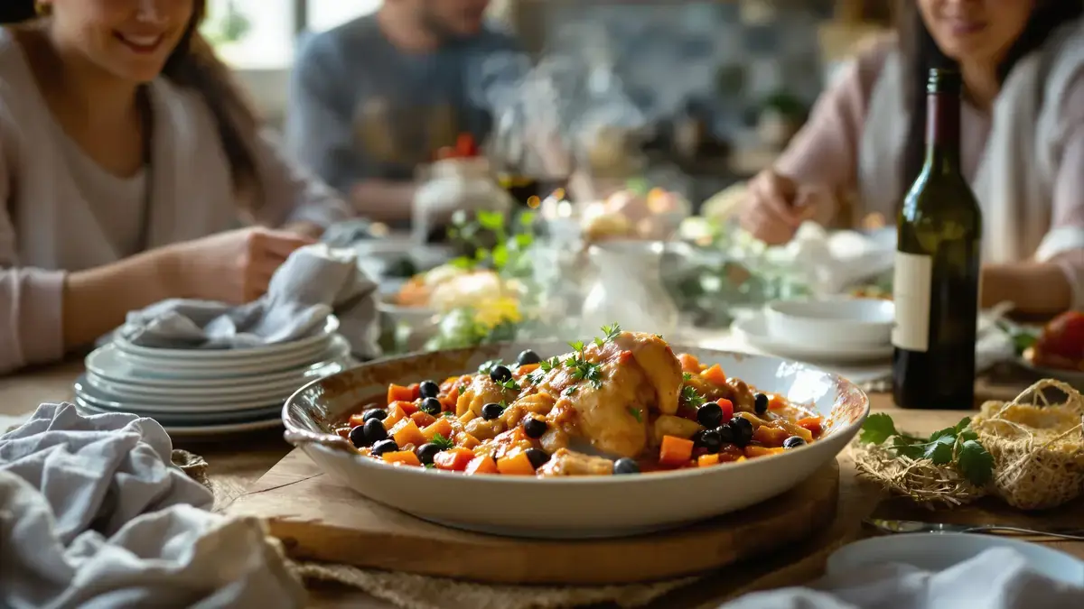 Pollo stufato con pomodori e olive per una domenica saporita e confortante